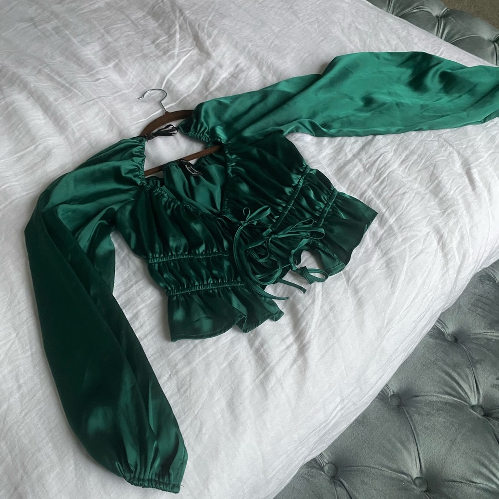 Green tie up silk top